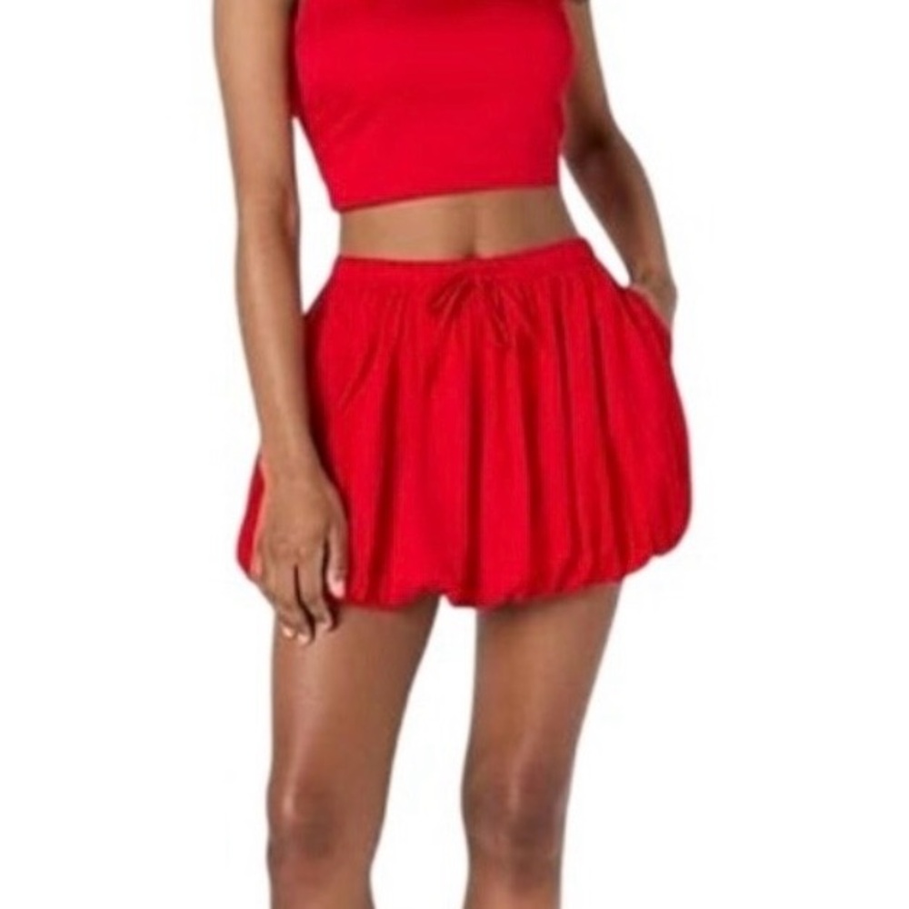 Women's Red Mini Bubble Skirt - Stretch Waist - Picture 4 of 7